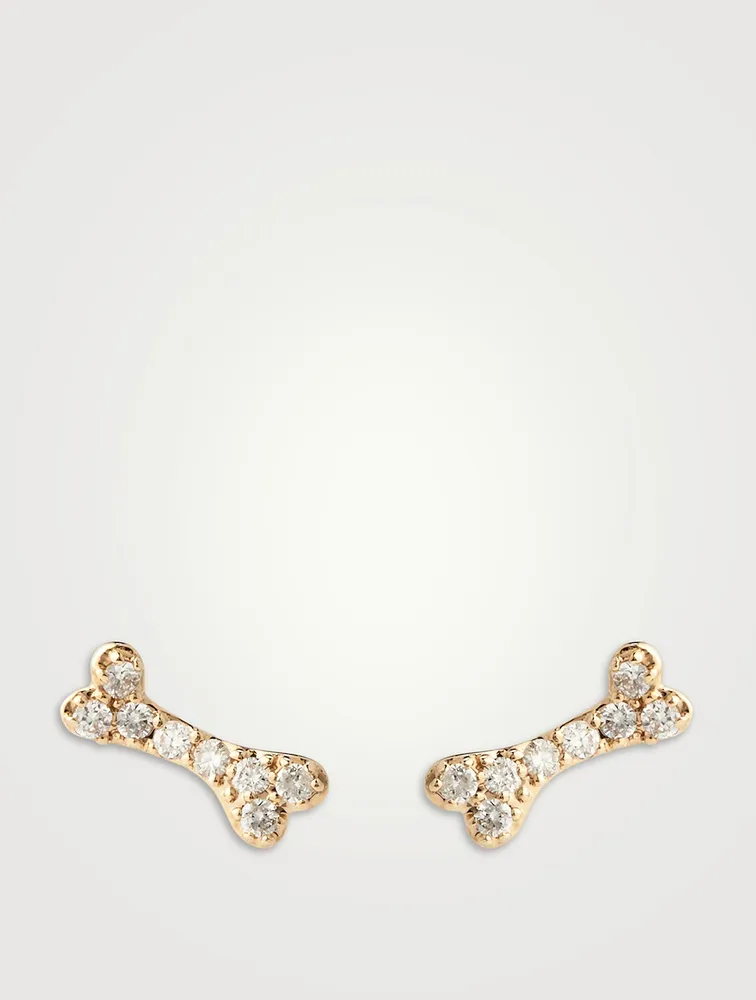 14K Gold Dog Bone Stud Earrings With Diamonds