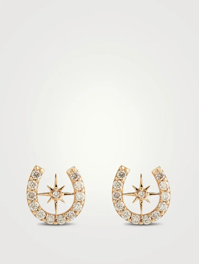 14K Gold Starburst Horseshoe Stud Earrings