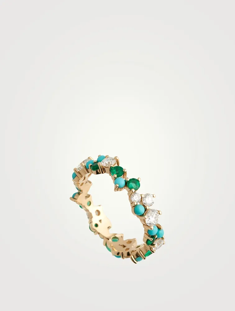 14K Gold Cocktail Ring With Diamonds, Emeralds, Turquoise