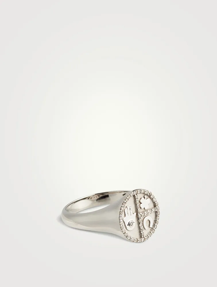 14K Gold Disc Icon Signet Ring With Diamonds