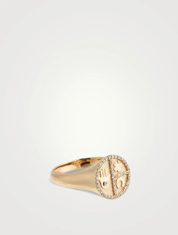 14K Gold Disc Icon Signet Ring With Diamonds