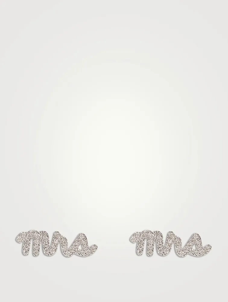 14K White Gold Mrs Script Stud Earrings With Diamonds