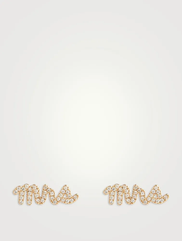 14K Gold Mrs Script Stud Earrings With Diamonds