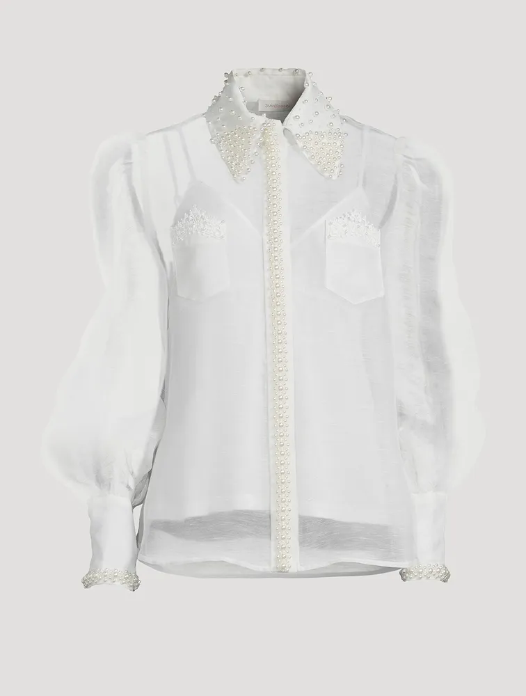 High Tide Pearl-Embellished Sheer Shirt