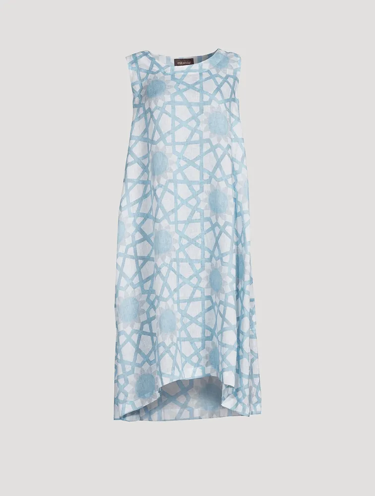 Linen Midi Dress Geometric Floral Print