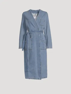 Collarless Denim Trench Coat