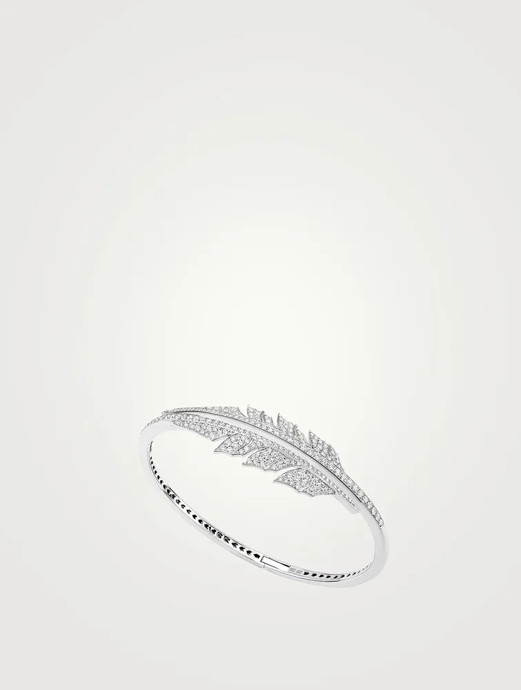 Magnipheasant 18K White Gold Open Feather Bracelet With Pavé Diamonds