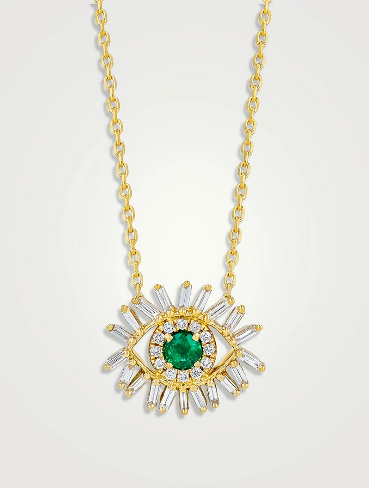 18K Gold Evil Eye Mini Emerald Pendant Necklace