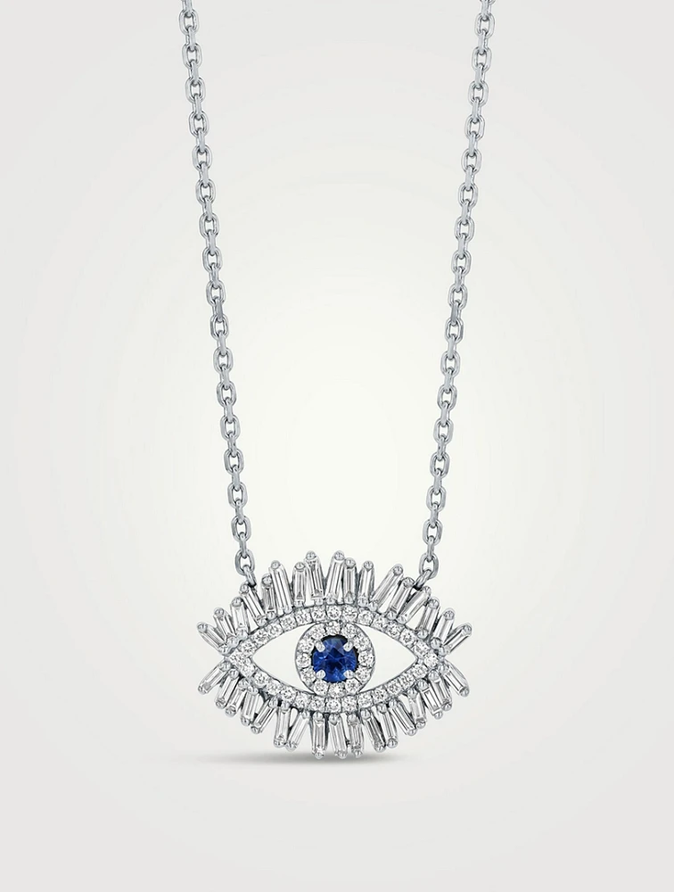 18K White Gold Evil Eye Midi Half Pavé Sapphire Pendant Necklace