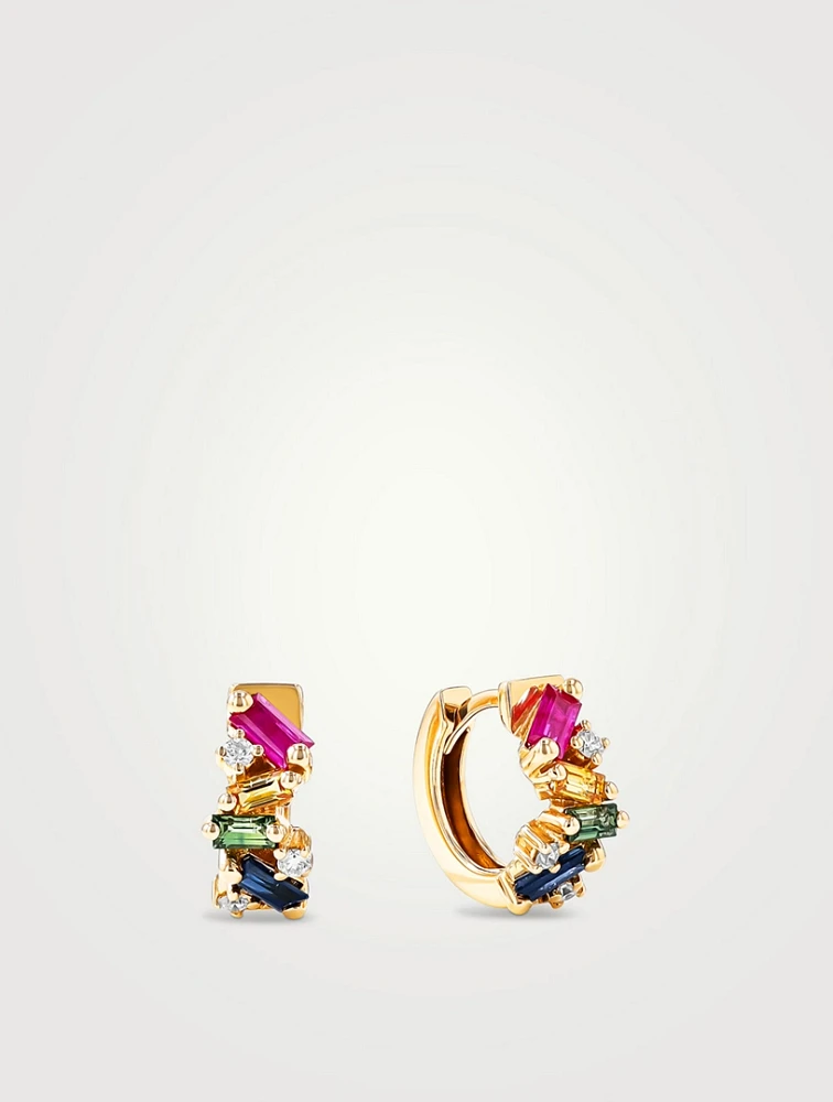 18K Gold Frenzy Rainbow Sapphire Huggie Hoop Earrings