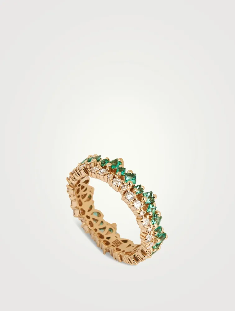 Princess Short Stack 18K Gold Ring With Emeralds And Diamonds
