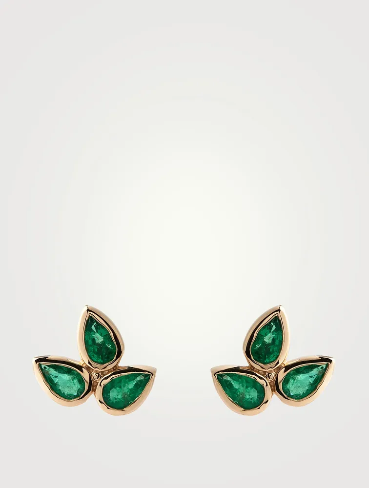 Fleur De Lis Bouquet 14K Gold Stud Earrings With Emeralds