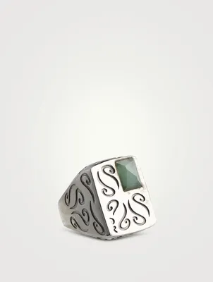 Ara Rectangular Burnished Silver Ring With Green Aventurine