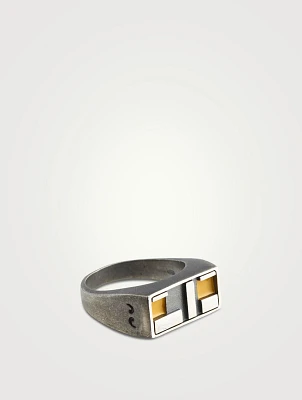 De Stijl Oxidized And Polished Silver Ring With Yellow Enamel