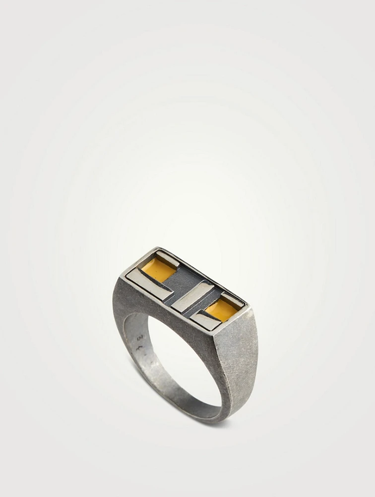 De Stijl Oxidized And Polished Silver Ring With Yellow Enamel