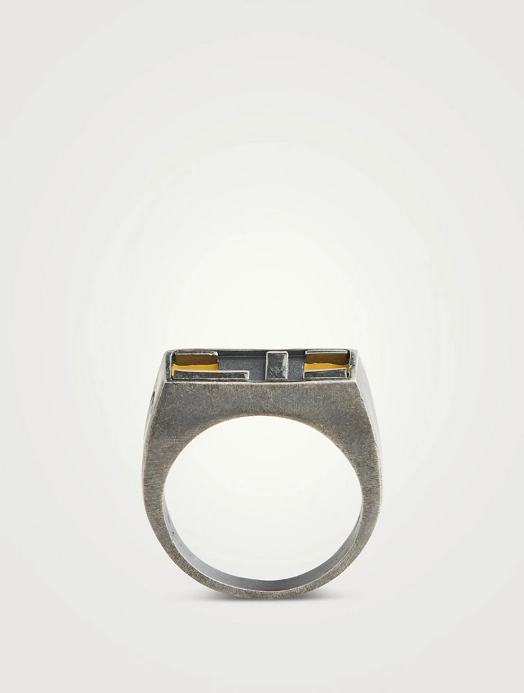 De Stijl Oxidized And Polished Silver Ring With Yellow Enamel