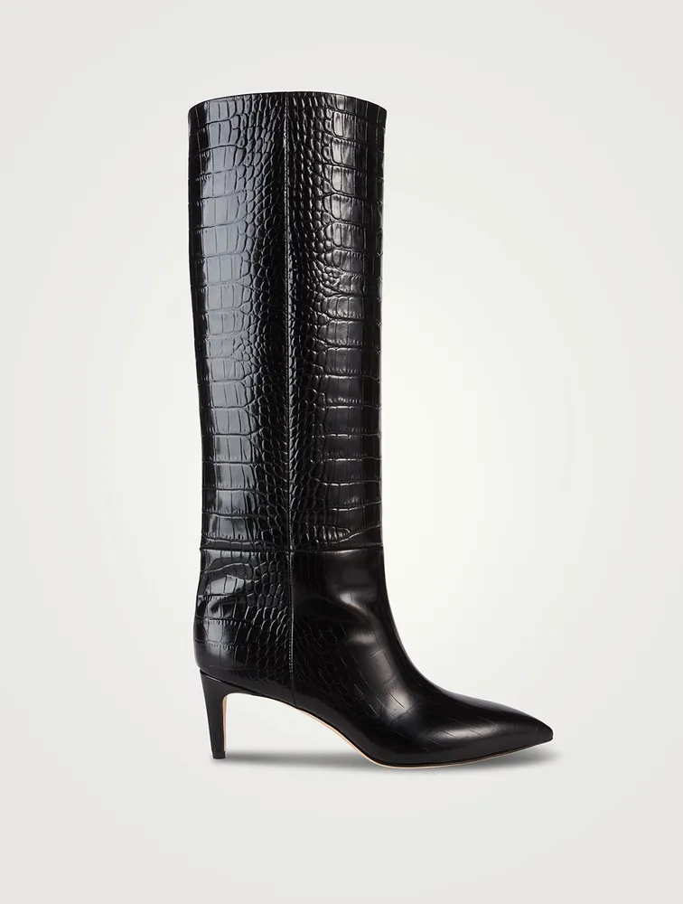 Croc-Embossed Leather Knee-High Boots