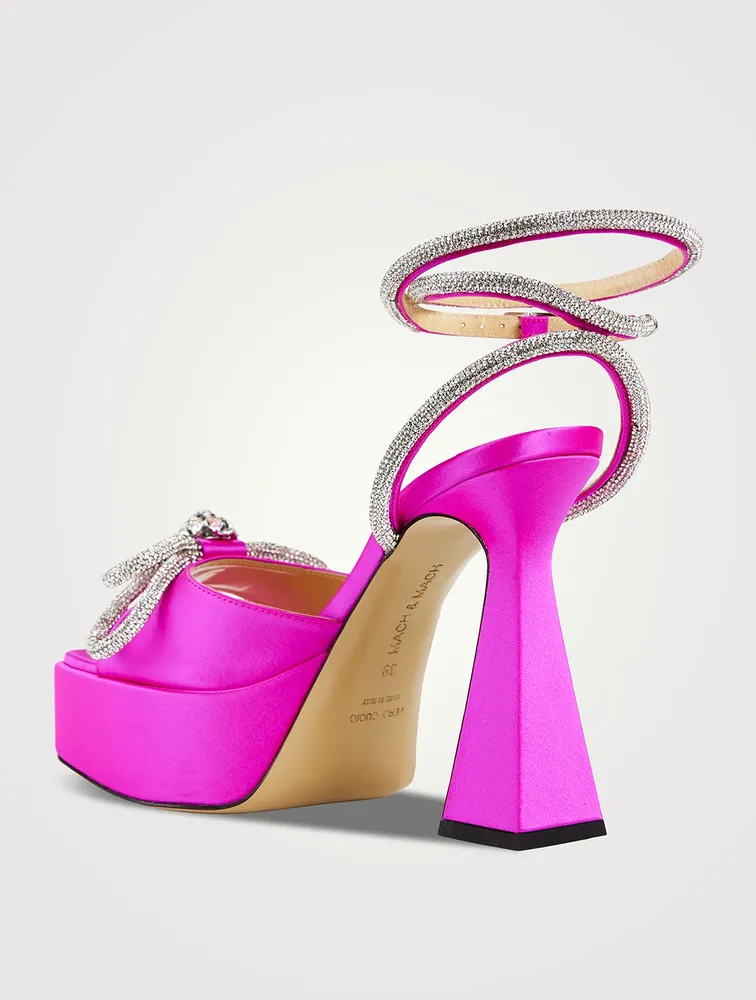 Double Bow Crystal-Embellished Satin Platform Sandals