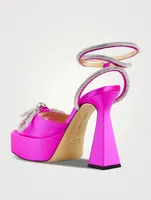 Double Bow Crystal-Embellished Satin Platform Sandals
