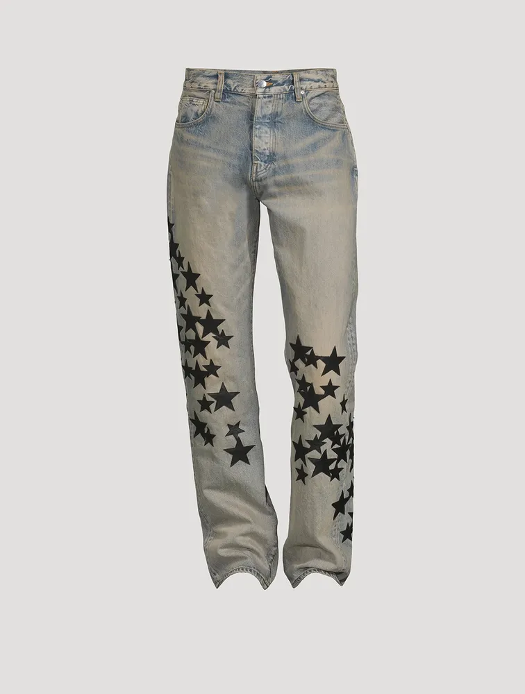 Leather Star Patches Straight Jeans