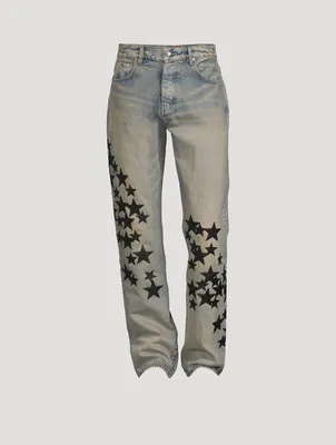 Leather Star Patches Straight Jeans