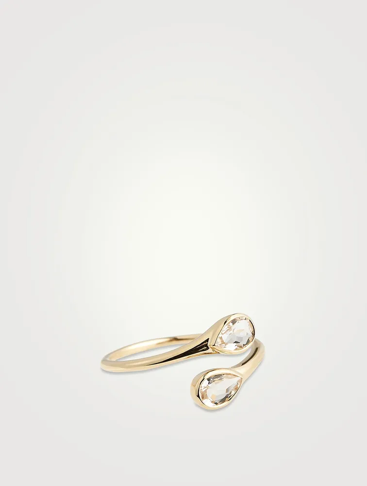 14K Gold White Quartz Double Pear Ring