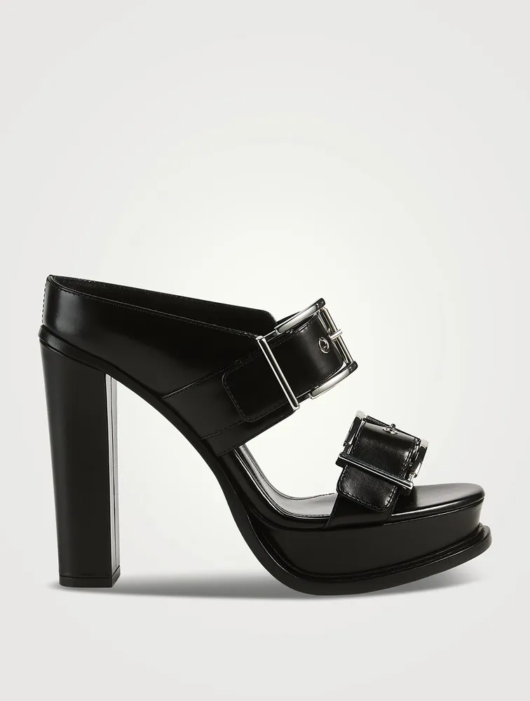 Double Buckle Leather Platform Mules
