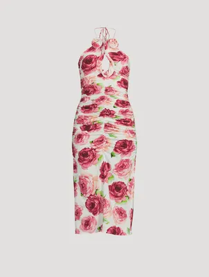 Ruched Halter Dress Floral Print