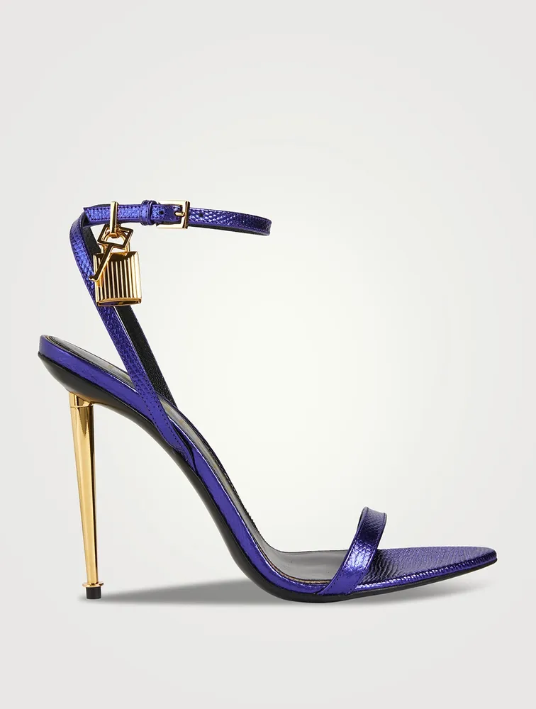 Lizard-Embossed Metallic Leather Sandals With Padlock