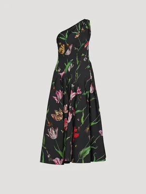 One-Shoulder Poplin Dress Tulip Mania Print