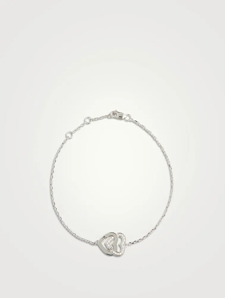 Double Cœurs R10 18K White Gold Chain Bracelet With Half Pavé Diamonds