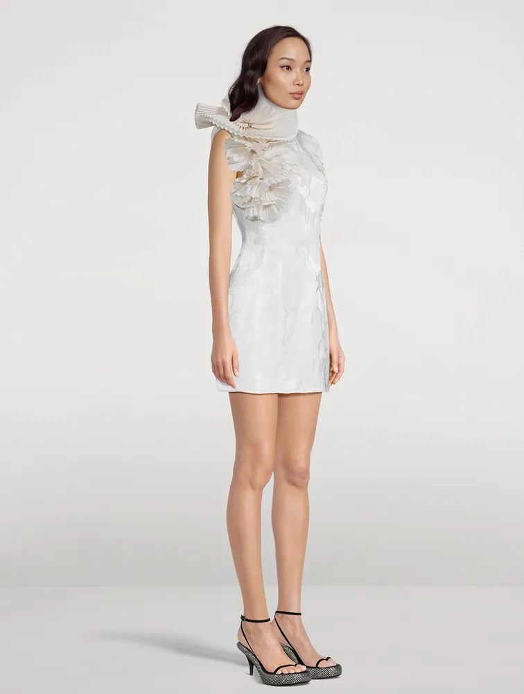 Dob Jacquard Satin Mini Dress With Fan Detail