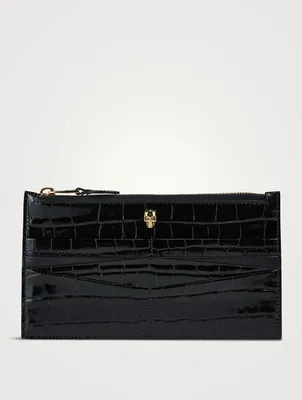 Skull Croc-Embossed Leather Zip Card Holder