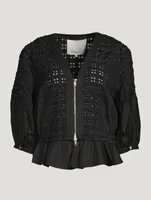 Taffeta Check Puff-Sleeve Top