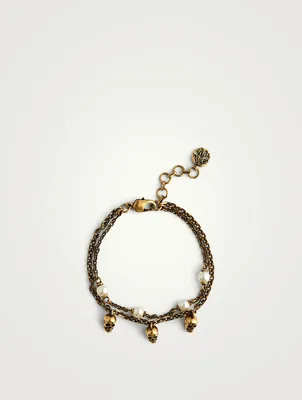 Layered Skull And Faux Pearl Bracelet