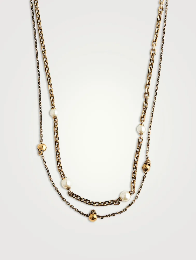 Layered Skull And Faux Pearl Necklace