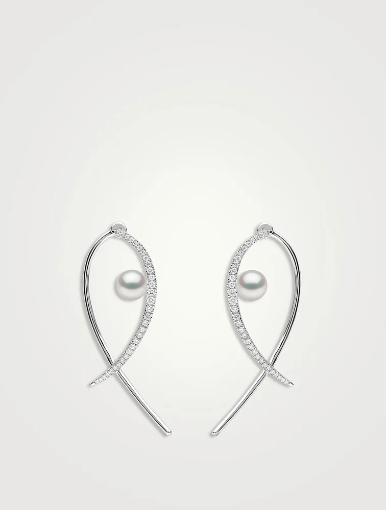 Sleek 18K White Gold Akoya Pearl And Diamond Earrings