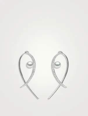 Sleek 18K White Gold Akoya Pearl And Diamond Earrings