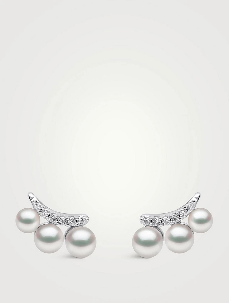 Sleek 18K Gold Akoya Pearl And Diamond Stud Earrings