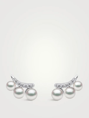 Sleek 18K Gold Akoya Pearl And Diamond Stud Earrings