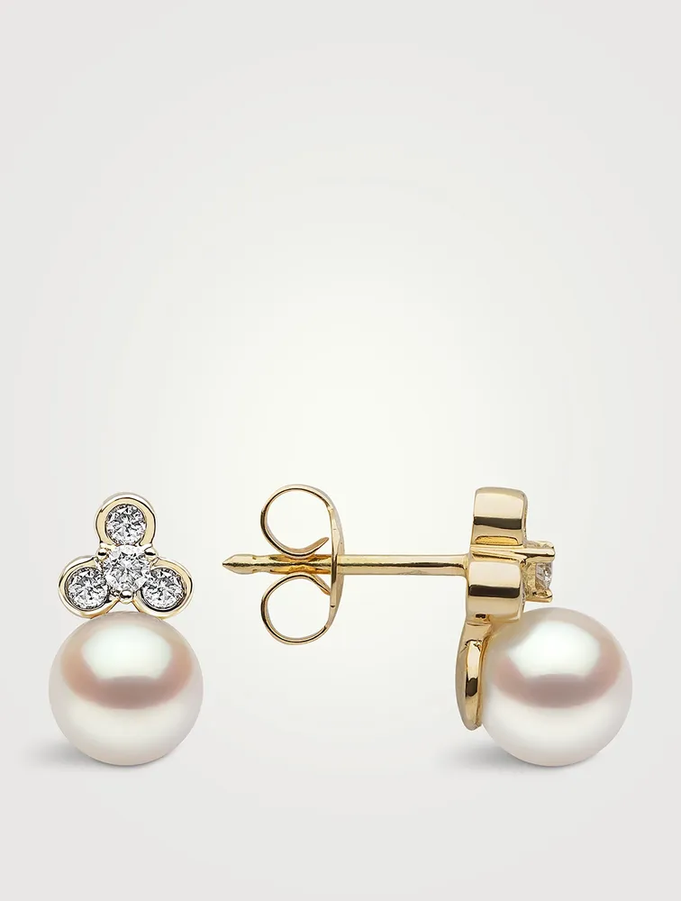 Trend 18K Gold Freshwater Pearl And Diamond Stud Earrings