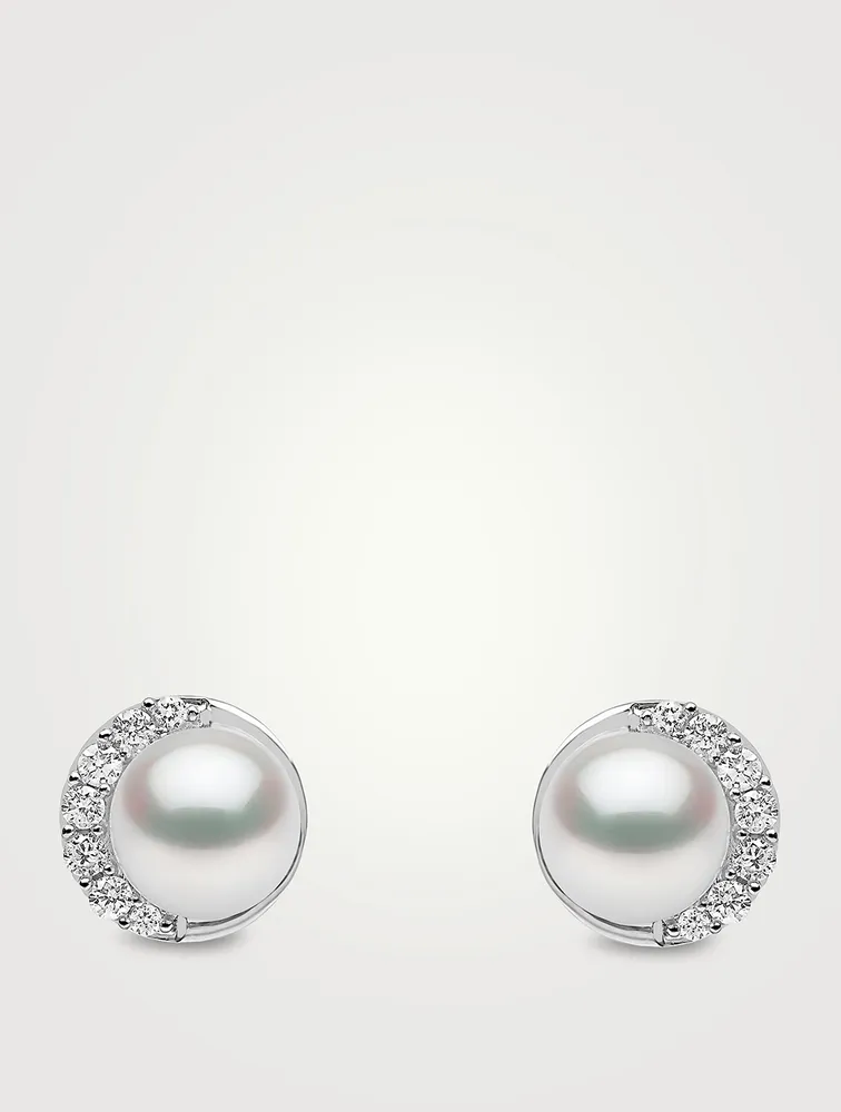 Trend 18K White Gold Freshwater Pearl And Diamond Stud Earrings