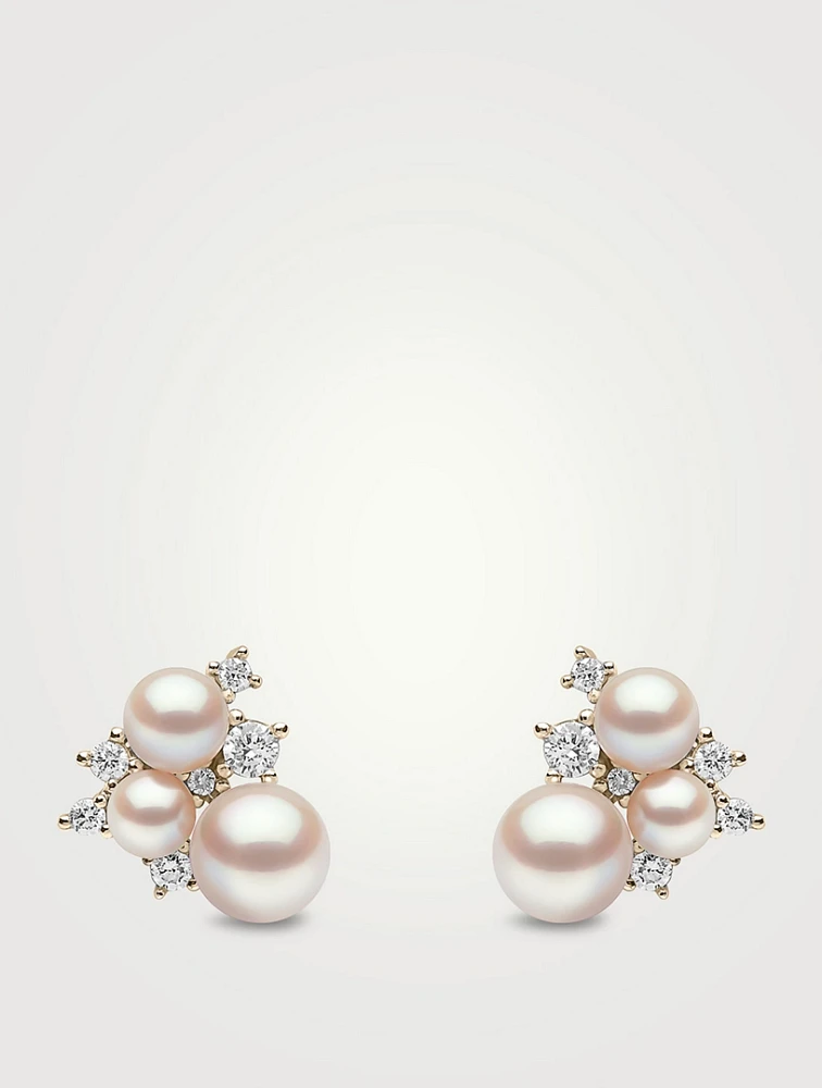 Trend 18K Gold Freshwater Pearl And Diamond Stud Earrings