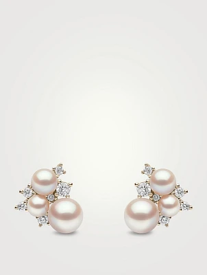 Trend 18K Gold Freshwater Pearl And Diamond Stud Earrings