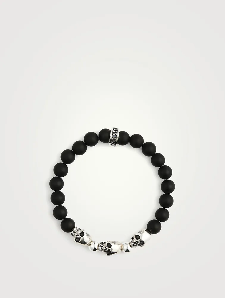 Onyx Beaded Bracelet With Silver Skull Beads