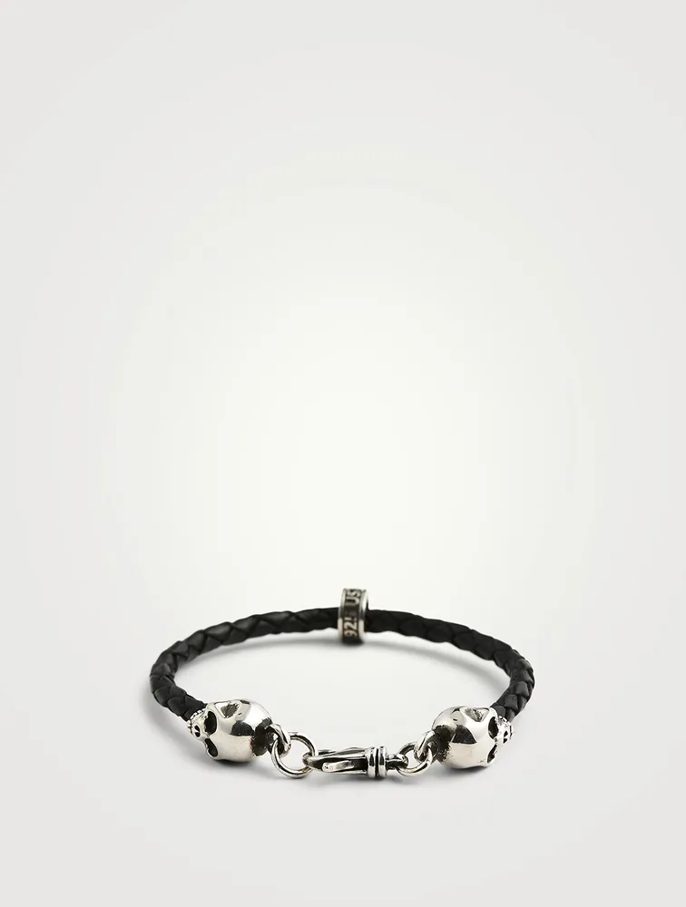 Thin Braided Leather Hamlet Skull Bracelet