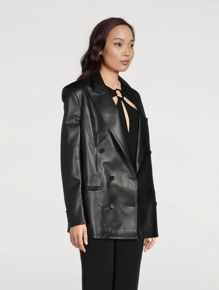 Faux Leather Double-Breasted Blazer
