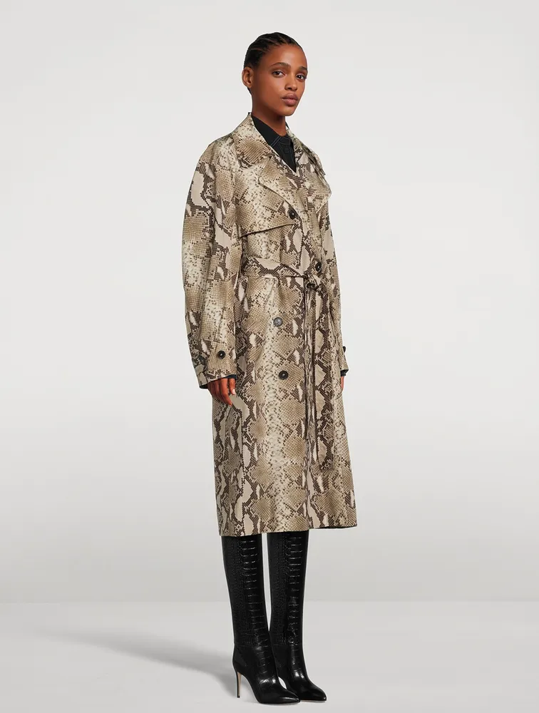 Double-Breasted Trench Coat Python Print