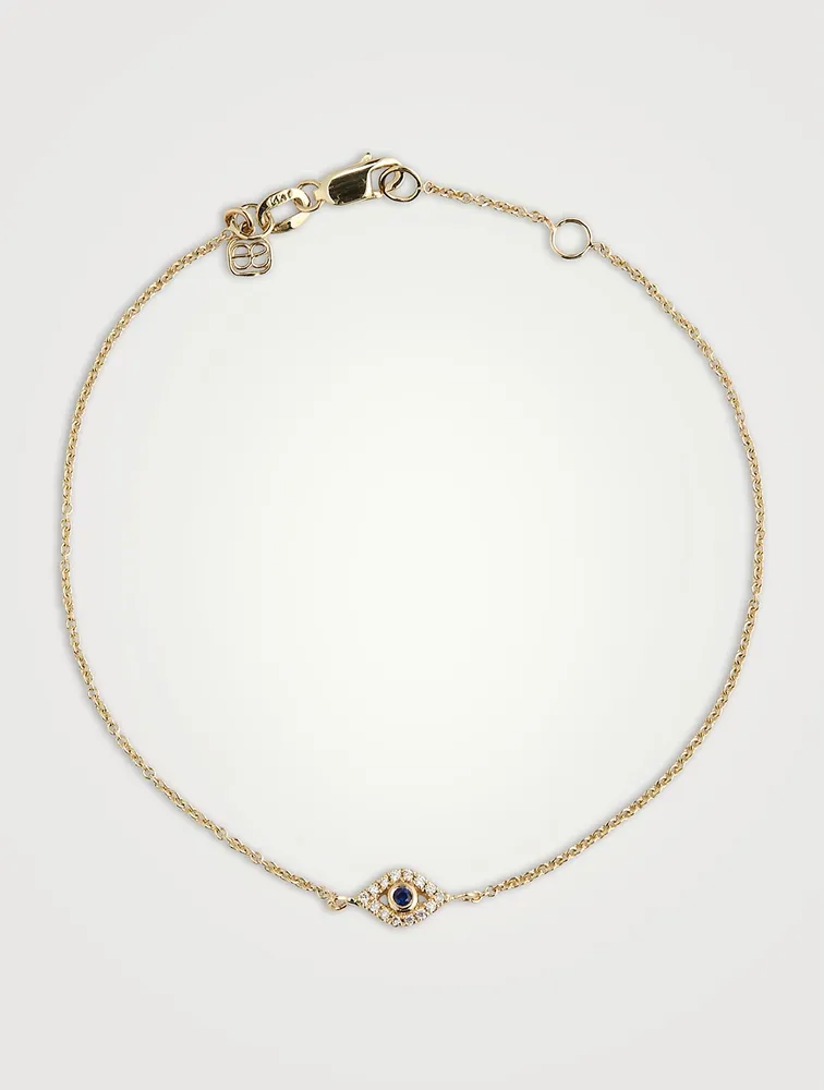 Small 14K Gold Bezel Evil Eye Bracelet With Diamonds And Sapphire