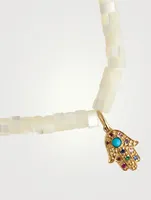 Heishi Beaded Bracelet With Small 14K Rainbow Hamsa Charm